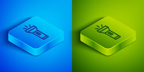 Isometric line Flashlight icon isolated on blue and green background. Square button. Vector