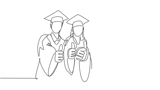 Animation of one line drawing of graduate college students wearing graduation dress and giving thumbs gesture. Education graduating concept. Continuous line self drawing animated. Full length motion.