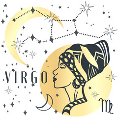 Zodiac virgo boho magical vintage distressed art symbol or label. Horoscope sign line art silhouette design vector illustration. Creative decorative elegant astrology zodiac emblem template for logo