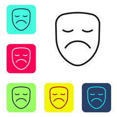 Black line Drama theatrical mask icon isolated on white background. Set icons in color square buttons. Vector