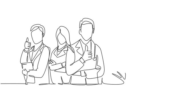Animation of one line drawing of groups doctors giving thumbs up gesture for best healthcare service in hospital. Medical team work concept. Continuous line self drawing animated. Full length motion.