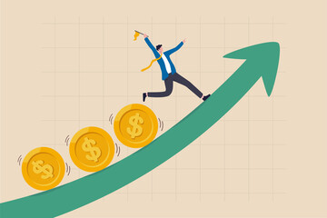 Investment profit and earning, stock market growth or fund flow depend on interest rate and inflation concept, businessman investor, fund manager holding flag lead money coins running up rising graph.