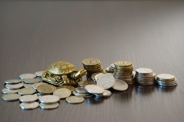 Metal turtle Feng Shui. Next to it is a stack of coins. Financial symbol.