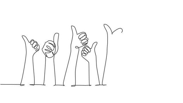 Animation of one line drawing of people arm hands raising with thumbs up gesture. Good service excellence in business sector sign concept. Continuous line self drawing animated. Full length motion.