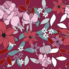 vector illustration seamless pattern red flowers,pink fuchsia flowers,blue leaves,burgundy background,for wallpaper,fabric or furniture