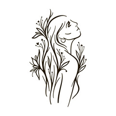 Floral woman. Female body line art. Black and white illustration.