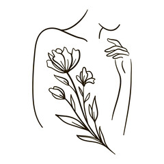 Woman with flowers. Female body line art. Black and white illustration.