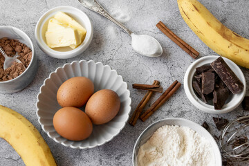 Ingredients for making banana bread. Sweet homemade dessert item, bakery themes