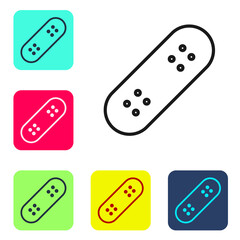 Black line Skateboard icon isolated on white background. Extreme sport. Sport equipment. Set icons in color square buttons. Vector