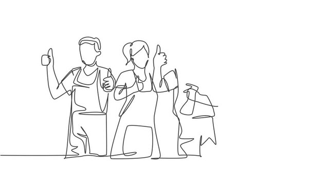 Animation of one line drawing of groups of group male and female janitor giving thumbs up gesture. Cleaning service teamwork concept. Continuous line self drawing animated. Full length motion.