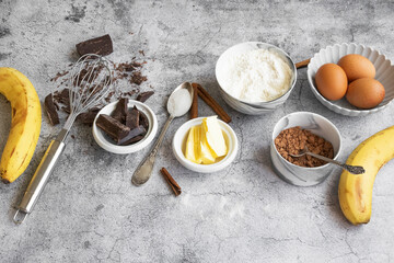 Ingredients for making banana bread. Sweet homemade dessert item, bakery themes