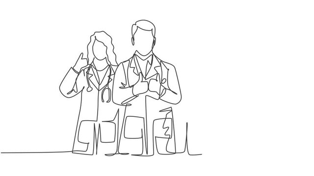 Animation of one line drawing of groups of male and female doctors giving thumbs up gesture as service excellence symbol. Team work concept. Continuous line self drawing animated. Full length motion.