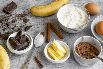 Ingredients for making banana bread. Sweet homemade dessert item, bakery themes