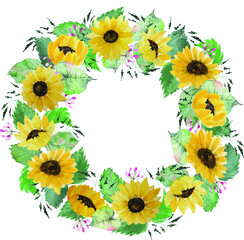 Sunflower with green leaves decoration wreath - watercolor hand draw vector background