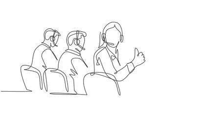 Self drawing animation of single line draw group of male and female call center workers sitting and giving thumbs up gesture. Customer service concept. Continuous line draw. Full length animated.