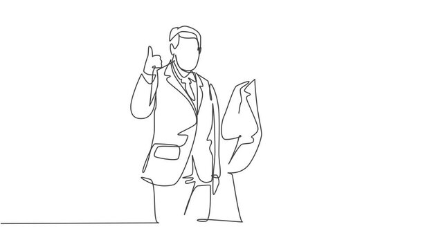 Self drawing animation of single line draw young couple businessman and businesswoman giving thumbs up gesture. Business teamwork concept. Continuous line draw. Full length animated illustration.