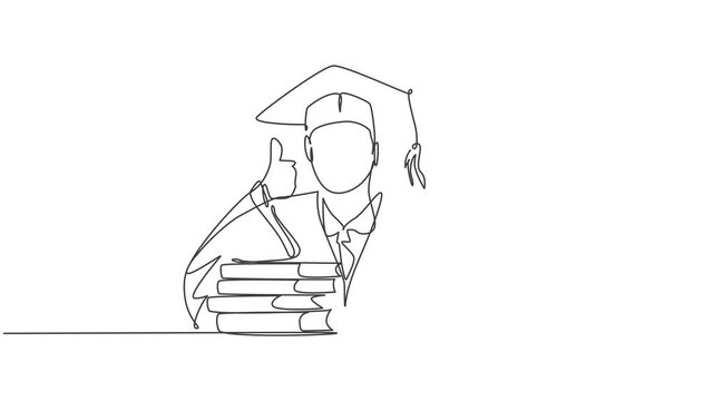 Animation of one line drawing of graduate male college student wearing graduation uniform giving thumbs up gesture. Education concept. Continuous line self drawing animated. Full length motion.