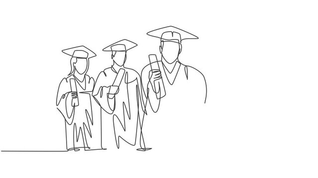 Animation of one line drawing group of graduate male and female college student and holding diploma certificate paper. Education concept. Continuous line self drawing animated. Full length motion.