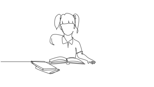 Animation of one line drawing of elementary school girl student studying and reading stack of book while gives thumb up. Education concept. Continuous line self drawing animated. Full length motion.