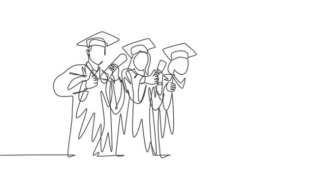 Animation of one line drawing group of graduate male and female college student and hold diploma certificate paper. Education concept. Continuous line self drawing animated. Full length motion.
