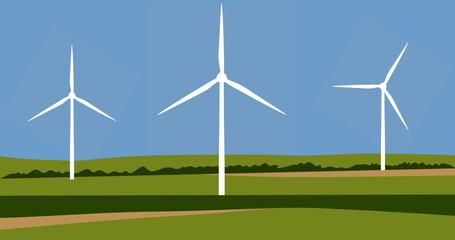 wind turbines farm in a green field vector