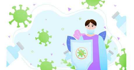 Vaccination concept with cute male doctor in mask holding shield, microbs everywhere, medical illustration for prevention desease, floral elements on background in cartoon style