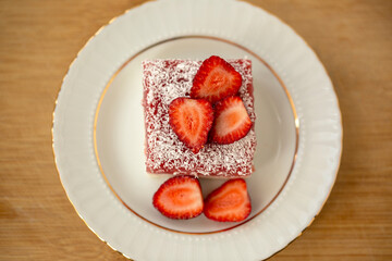 Delicious strawberry dessert with fresh fruit. top view