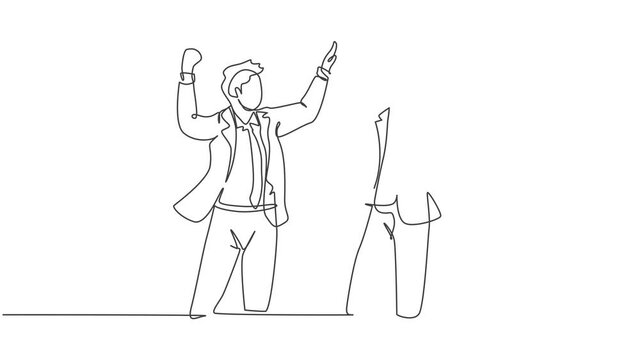 Animation of one line drawing of two young happy businessmen celebrating their successive goal with high five gesture. Business concept. Continuous line self drawing animated. Full length motion.
