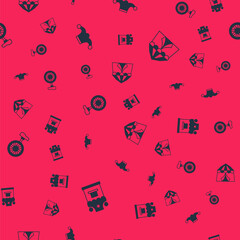 Set Ticket box office, Jester hat with bells, Unicycle or one wheel bicycle and Circus tent on seamless pattern. Vector © Kostiantyn