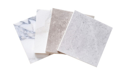 white and grey tile samples collection placed on isolated on white background with clipping path. luxury marble and stone ceramic tile use as interior material for flooring ,counter top works. - obrazy, fototapety, plakaty