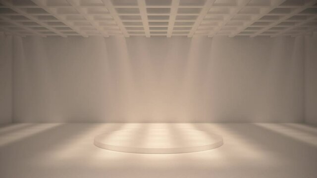 Lights focus on the central podium, shining through ceiling balks. Loopable 3d animation of beige concrete interior light