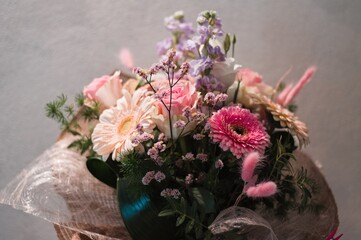 Detail of a beautiful bouquet with white, pink and purple flowers (Marche, Italy, Europe)