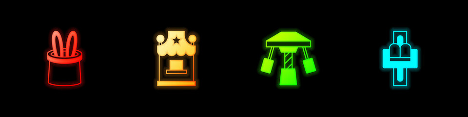 Set Magician hat and rabbit ears, Ticket box office, Attraction carousel and icon. Vector