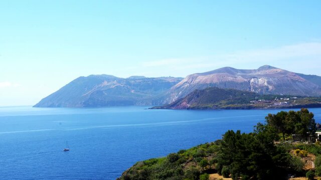 The Island of Vulcano seen from Lipari, Aeolian islands, Sicily, Italy, Real Time, 4k
