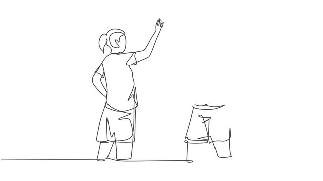 Animation of one line drawing of women giving high five gesture before playing basket ball at outfield court. Sport game concept continuous line self drawing animated illustration. Full length motion.