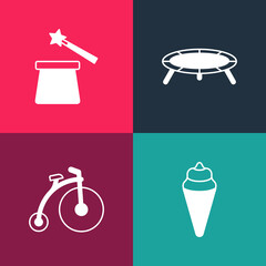 Fototapeta na wymiar Set pop art Ice cream in waffle cone, Vintage bicycle, Jumping trampoline and Magic hat and wand icon. Vector