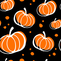 Seamless pattern with orange pumpkins with a white outline and dots on a black background. Pattern for thanksgiving, halloween, gift wrapping, restaurant, cafe, kitchen