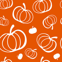 Seamless pattern with white contour pumpkins on an orange background. Pattern for thanksgiving, halloween, gift wrapping, restaurant, cafe, kitchen