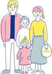 笑顔で立っている4人家族　全身