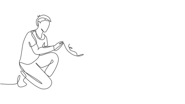 Animation of one single line drawing of boy giving high five gesture to his puppy dog at park. Pet care and friendship concept. Continuous line self drawing animated illustration. Full length motion.