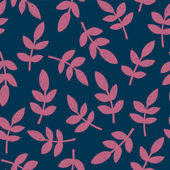 Fototapeta na wymiar Cute floral abstract pattern in minimalistic decorative style - violet branches on dark blue background. Flower repeated texture for stylish fabric design or wrapping paper.