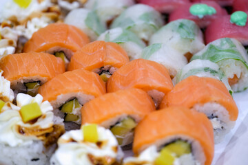 Japanese closeup of colorful sushi background concept