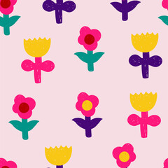 Funny bright modern pattern with simple fliwers. Cute colorful naive print for textile, dresses, wallpaper and ect.