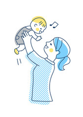 高い高いをして赤ちゃんをあやすママ