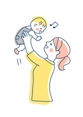 高い高いをして赤ちゃんをあやすママ