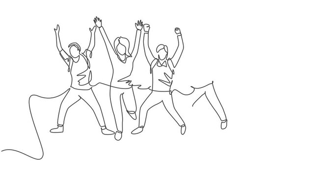 Animation of one line drawing of male and female college student jumping to celebrate their final exam result. Education celebration concept. Continuous line self drawing animated. Full length motion.
