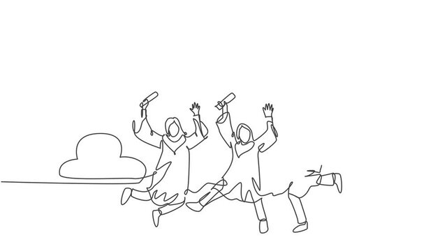 Animation of one line drawing of graduate male and female college student jumping and wear graduation gown. Education celebration concept. Continuous line self drawing animated. Full length motion.