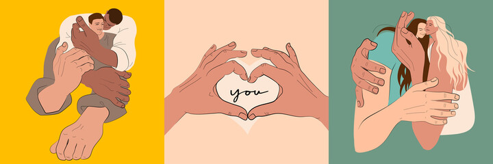 Hugging mans and girls. Lovers. Embrace one another. Gesture heart fingers. LGBT couple. Character design. Set collection. Flat Vector Illustration.