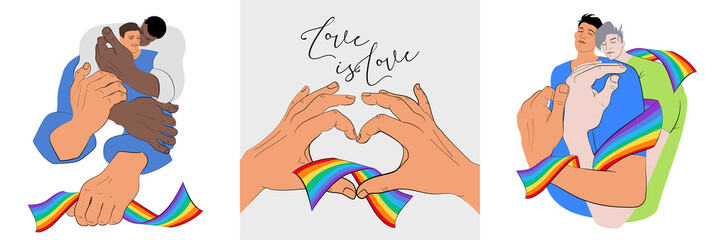 Hugging two men with the Rainbow tape. Lovers. Embrace one another. LGBT couple. Gesture heart fingers. Character design. Set collection. Flat Vector Illustration.