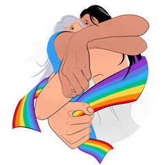 Hugging two girls with the  Rainbow tape. Lovers. Embrace one another. LGBT couple. Character design. Flat Vector Illustration.